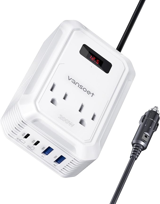 200W Car Power Inverter DC 12V to 110V AC Inverter with PD 65W/30W USB C & 2 QC 18W USB Ports & 2 AC Outlets,Car Pluɡ Adapter Outlet for Laptop/Phone/Road Trip