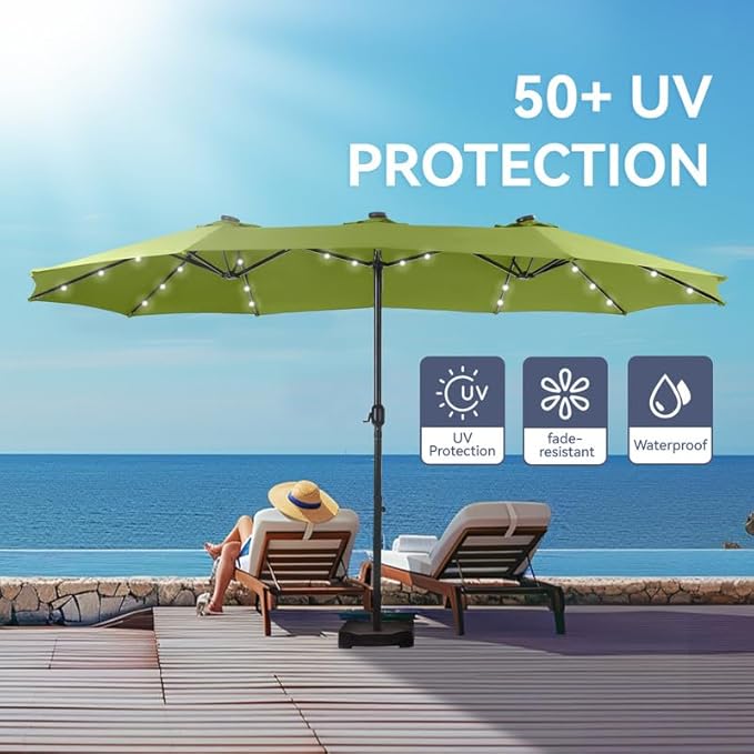 GREEN PARTY 15 ft Rectangle Patio Umbrella with Solar Lights and Base Included, Double-Sided Market Table Umbrella with Crank, Large Outdoor Umbrellas for Patio Poolside Garden Backyard, Lime Green