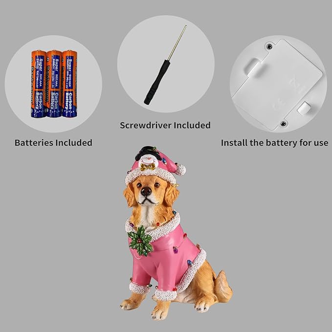 Christmas Outdoor Decoration Dog Statue, LED Light Cute Golden Retriever Dog Sculpture with Pink Santa Outfit & Lights for Garden and Yard, Indoor Holiday Décor Gift for mom and dad