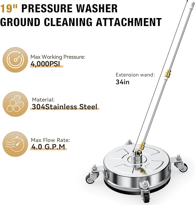 19" Pressure Washer Surface Cleaner with 4 Wheels, Stainless Steel Housing, 4000 PSI Max, 3 Connect Nozzles & 2 Extension Wands, Pressure Washer Surface Cleaner for Concrete, Patios, Sidewalks