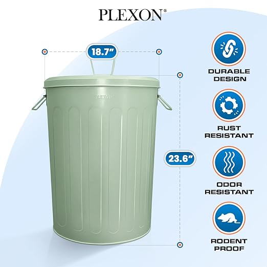 Plexon Large Metal Trash Can with Lid 20 Gallon, Decorative Outdoor Trash Can Heavy Duty Galvanized Metal Bucket with Lid for Garage Workshop Ash Storage Farmhouse, Green 3 Pack