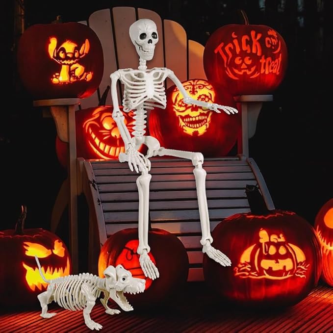 YUJUN 36'' Halloween Skeleton Decoration with Dog Skeleton, 3ft Full Body Posable Skeleton Realistic Plastic Bones Movable Joints for Halloween Party Yard Haunted House Props Indoor Outdoor Decor