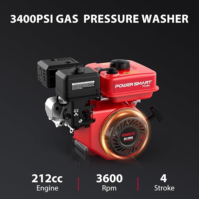 PowerSmart Gas Pressure Washer 3400 PSI, 2.5 GPM,3L Soap Tank, Metal Spray Wand, 5 Nozzles for House, Driveways