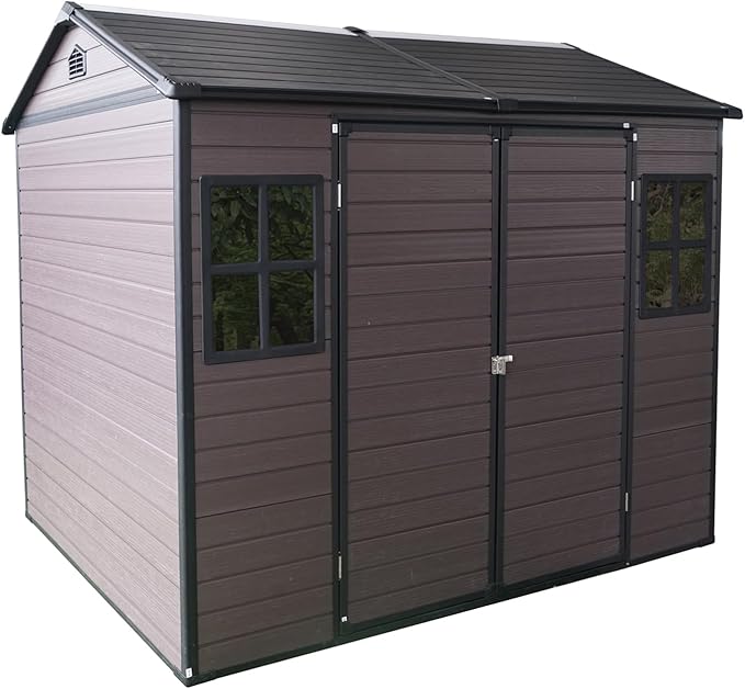 8x6 Ft Resin Outdoor Storage Shed with Floor, 2 Windows & Lockable Door – Weather -, Durable Shed for Backyard, Patio & Tools (Brown) (1 Doors)