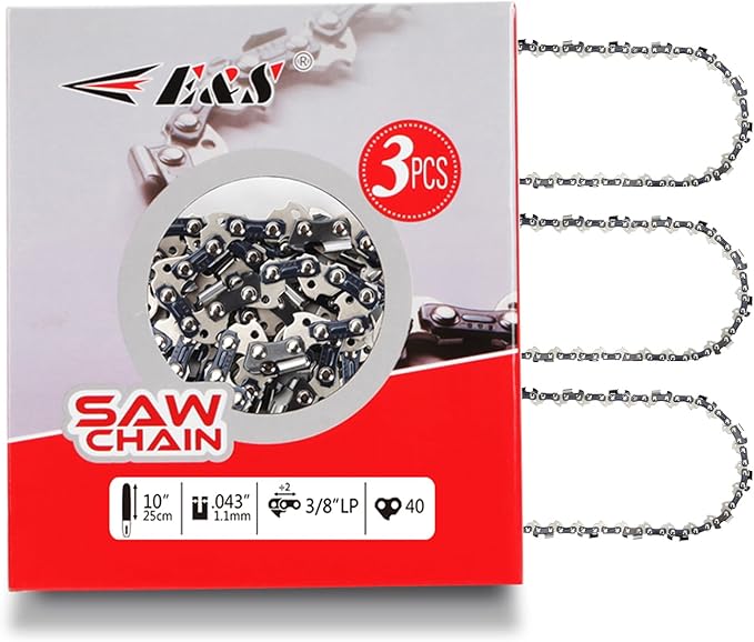 E & S 3 Pack 10 Inch Chainsaw Chain 3/8" LP Pitch .043" Gauge 40 Drive Links Semi-Chisel Chain Saw Chains for Husqvarna, Poulan, Craftsman, Greenworks and More Chainsaw Brands