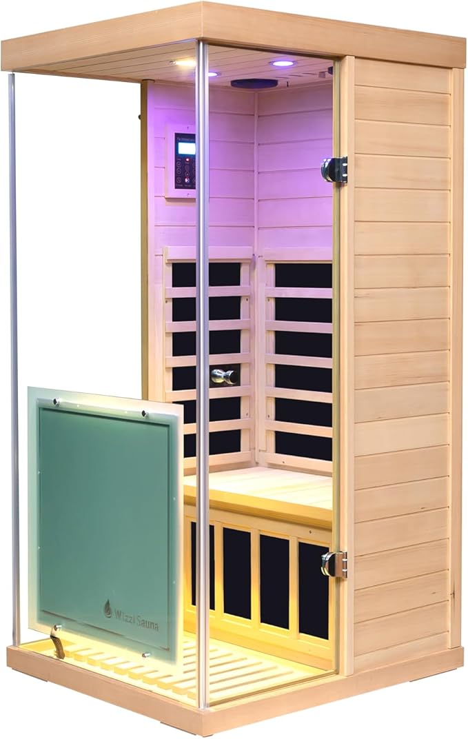 Canada Hemlock Low EMF FAR Infrared Sauna Room, 1 Person Indoor Sauna 1100W/120V with 6 Carbon Panel Heater & LCD Control Panel & Bluetooth Audio & 7-Color Chromotherapy Lights & 270° Panoramic Vision