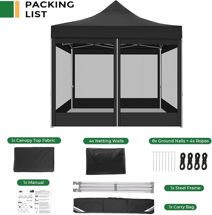 COBIZI 10x10 Heavy Duty Pop Up Canopy with 4 Mosquito Netting Wall, Easy Set Up Commercial Gazebo Party Tent, Outdoor Instant Screen Canopy for Backyard, Patio, Garden, Black