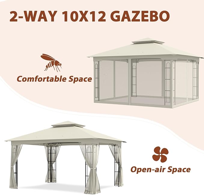 EAGLE PEAK Patio Gazebo with Mesh Netting 13x11 at Top 12x10 Footprint, Soft Top Outdoor Pavilion for Backyard, Deck, Lawn and Garden, Beige