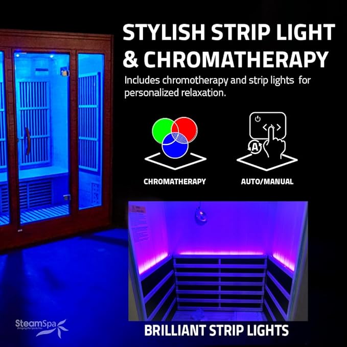 SteamSpa 1-2 Person Low EMF Carbon FAR Infrared Hemlock Wood and Tempered Glass Indoor Home Sauna Room with Redlight Heating Tube, LED Touch Control Panel, Color LED Therapy Light, Bluetooth Speaker