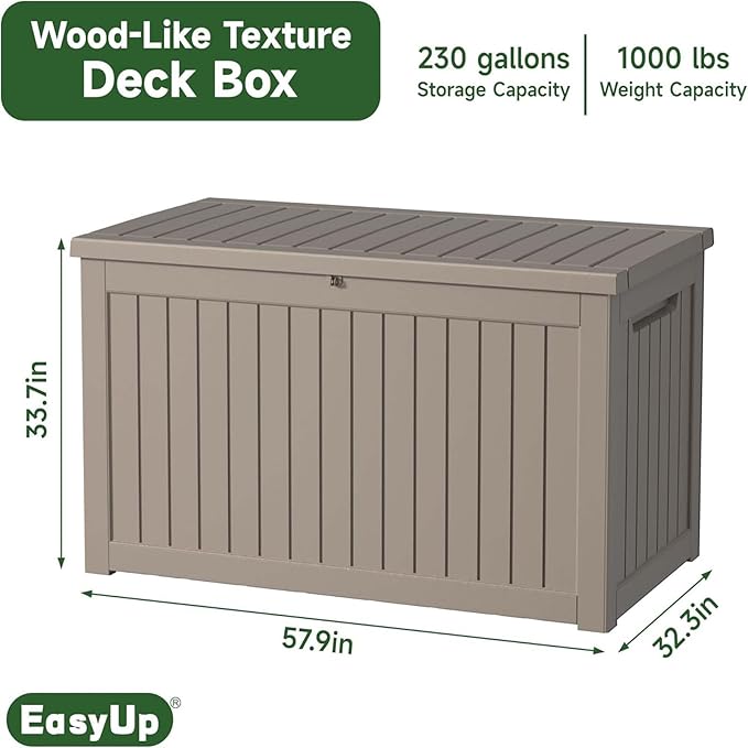 EasyUp 230 Gallon Outdoor Storage Box Waterproof, UV Resistant Resin Deck Box with Hydraulic Rod, Reinforced Stability for Patio, Garden, Striped Gray