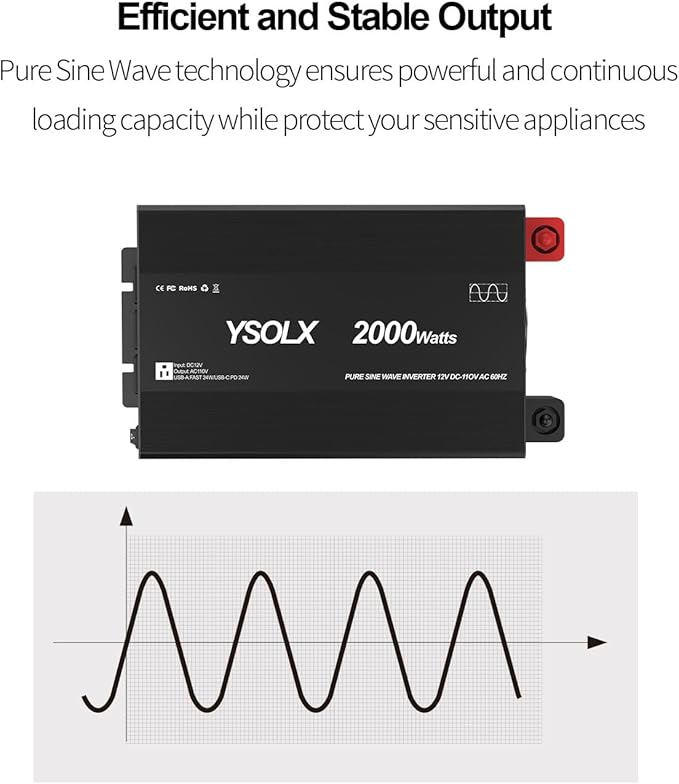 YSOLX 2000W Pure Sine Wave Power Inverter 12V to 110V/120V AC Converter for Home, RV, Truck, AC Hardwire Port, Remote Controller，Off-Grid Applications