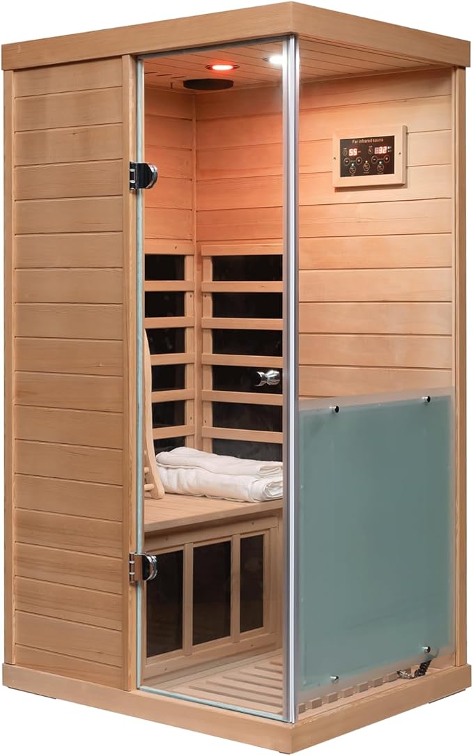 Hemlock Deluxe Mini Indoor Sauna 1 Person, Far Infrared Sauna at Home, Wooden Dry Sauna 1060w with 6 Far Infrared Heating Plate, Bluetooth Speaker, Red Light, Reading Light(Right Door)