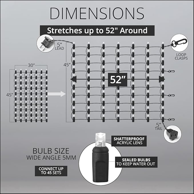 70 Cool White StretchNet Pro Expandable Christmas Net Lights for Large Trees, LED Tree Wrap Lights - 30" x 45" Stretchable Net - Brown Wire Trunk Wrap Lights