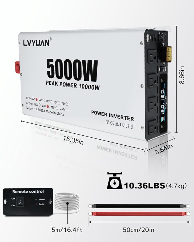 LVYUAN 5000 Watt Power Inverter 12V to 110V 120V DC to AC Converter with 4 AC Outlets, LCD Display, USB Charge Port, Remote Control for Home RV Vehicle Outdoor Camping Car Power Inverter
