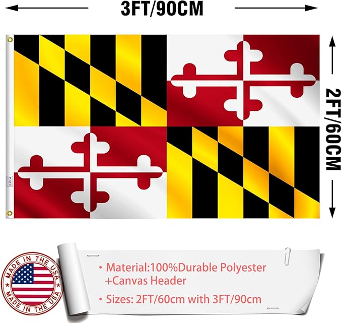 Maryland States Flag 2x3 Outdoor Made in USA - Double Sided Heavy Duty Vivid Color Maryland MD Flags with 2 Brass Grommet