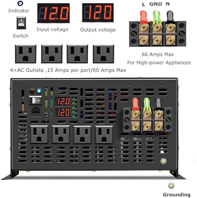 WZRELB 8000W 12V 120V Pure Sine Wave Power Inverter 4 AC Outlets Wired Remote Control,RV, Camping (RBH-800012WR)