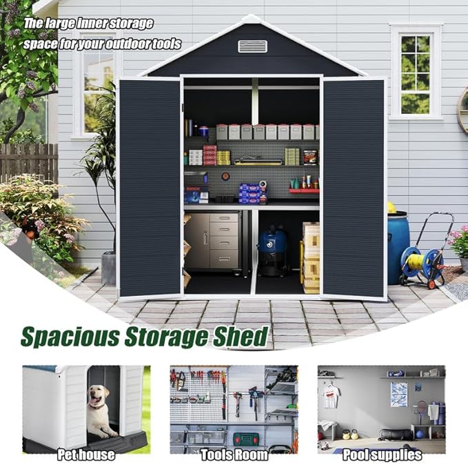 6x6 FT Outdoor Storage Shed with Floor and Window, Waterproof Resin Garden Tool Sheds w/Lockable Door, Vents & Sloped Roof, All-Weather Plastic Tool House for Patio, Backyard, Lawn, Dark Gray
