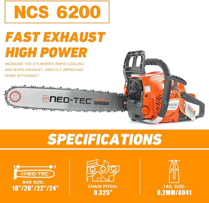 NEO-TEC 20 Inch Chainsaw, 62CC Power Chain Saws Gas Powered 2 Stroke Handed Petrol Gasoline Chain Saw for Cutting Wood Outdoor Garden