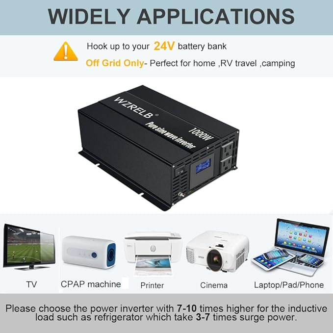 WZRELB Pure Sine Wave Inverter 1000W 24VDC to 120VAC Solar Power Converter Truck RV Home LCD Display