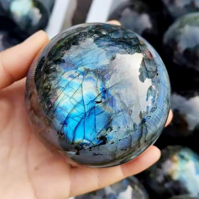 6-7CM/2.36-2.76inch Natural Crystal Ball Labradorite Sphere Moonstone Stone Crafts Polished Decorative Sphere Reiking Healing Crystals Ball Stone Fengshui Home Decoration (Labradorite, 60-70mm)