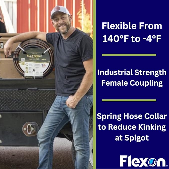Flexon Flextreme Pro 5/8" x 100ft Performance Rubber Garden Hose – Heavy-Duty, Kink-Resistant, All-Weather Flexibility, Industrial-Grade Couplings, Durable Outdoor Watering Hose for Lawn & Garden