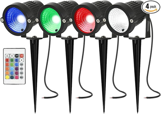 Low Voltage Landscape Lights Color Changing RGB 5W DC12V LED Landscape Lighting Outdoor Waterproof Spotlight Remote Control for Garden Pathway Christmas Decorative Light(4, Multi-Colored)