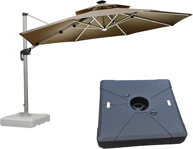 PURPLE LEAF 12ft Patio Umbrella With Base Solar powered LED Cantilever Umbrella with LED lights Windproof Outdoor Offset Umbrella for Garden Deck Pool Patio, Beige