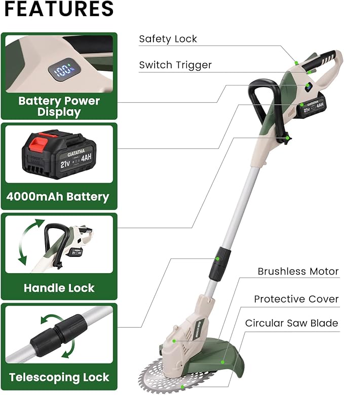 Electric Weed Wacker Cordless, Brushless Grass Trimmer with 21V 4.0Ah Batteries and Charger, 4 Types of Blades String Trimmer, Weed Eater Battery Powered with Shoulder Strap, Lawn Edger Tool
