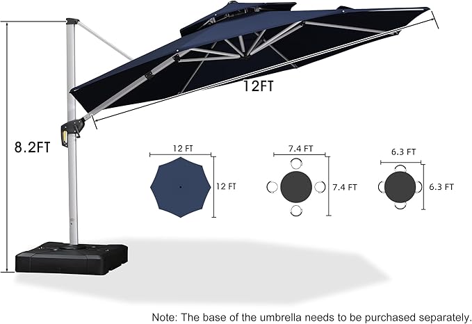 PURPLE LEAF 12 Feet Double Top Round Deluxe Patio Umbrella Offset Hanging Umbrella Outdoor Market Umbrella Garden Umbrella, Navy Blue