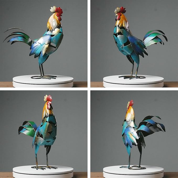 HAUCOZE Rooster Decor Statue Chicken Figurine Sculpture Animal Arts Metal 15.5 inch