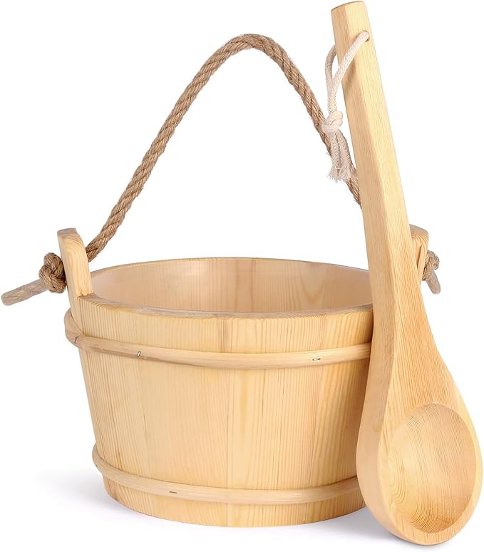 Sauna Bucket and Ladle Set,1Gallon Sauna(4 liters) Bucket and 14.5″Sauna Ladle,Sauna Accessories Handmade from Premium Pine Wood (Pine Wood 4L)