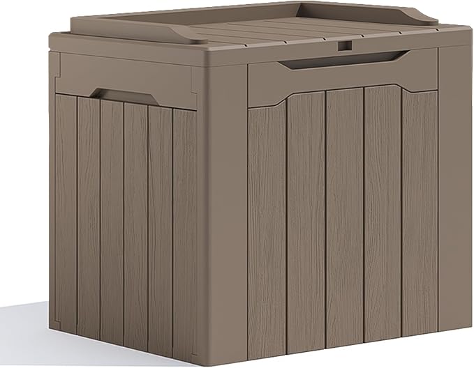 Patiolife 30 Gallon Resin Deck Box, Small Outdoor Storage for Garden Tools, Pool Supplies, Waterproof and Lockable, Brown