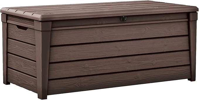 Keter Brightwood 120 Gallon Resin Large Deck Box for Patio Garden Furniture, Outdoor Cushion Storage, Pool Accessories, and Toys, Brown, 57L x 27.5W x 23.7H in.