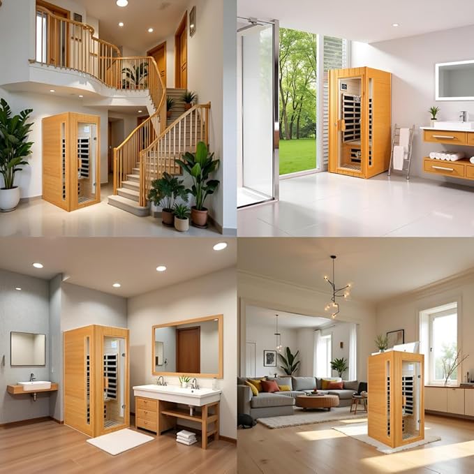 1-Person Infrared Sauna,1300W Indoor Sauna for Home, Side Glass Window, Canadian Hemlock Wood Personal Sauna with 5 Heating Panels, LED Reading Lamp, Blue-Tooth
