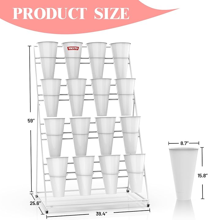 Flower Display Stand with Buckets, 4 Layers 16 PCS Buckets Plant Stand with Wheels, Movable Metal Plant Stand for Terrace Garden, Living Room, Florist Shop (White Frame - White Buckets, 4-Tier)