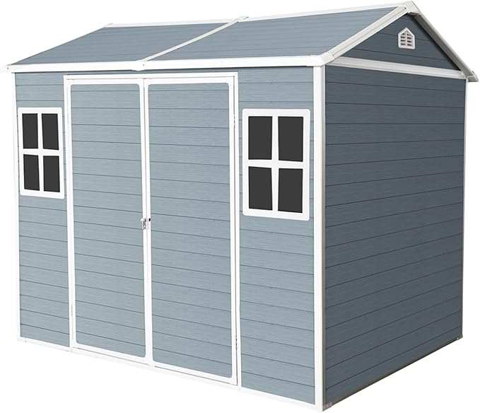 6x8ft Resin Outdoor Storage Shed with Floor, Two Windows & Lockable Door – Durable Weather-Shed for Backyard, Patio, Garage (Grey) (1 Doors)