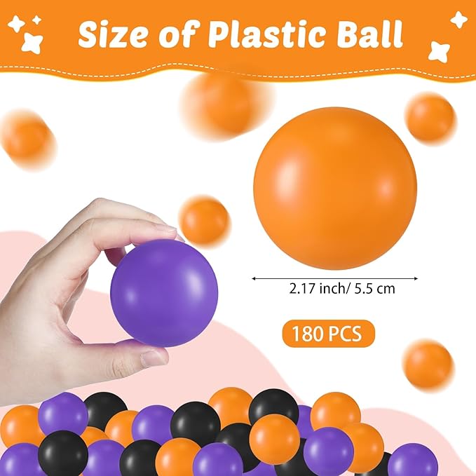 Shappy 180 Pcs Soft Plastic Balls for Toddlers, Crush Proof Ocean Balls Reusable for Photo Booth Props Play Tent Swimming Party Holiday Decoration (Purple， Black,Orange)