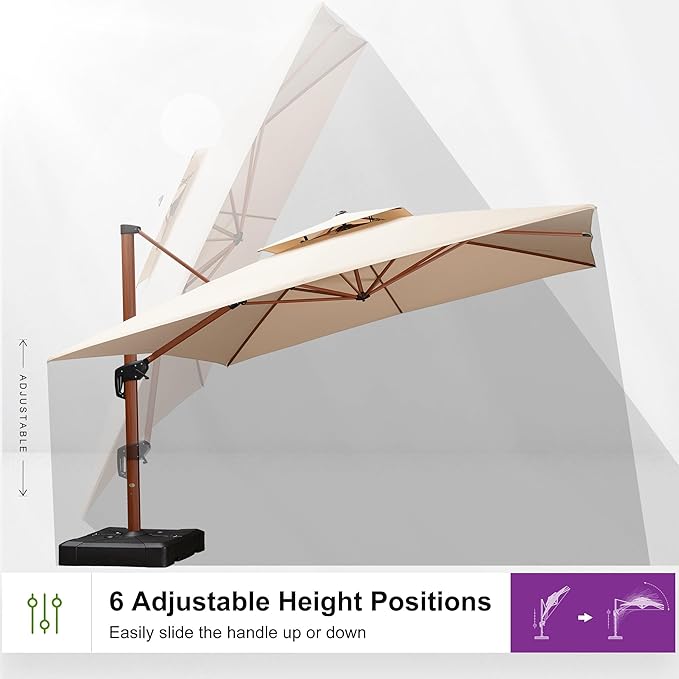PURPLE LEAF 10' X 13' Double Top Deluxe Wood Pattern Rectangle Patio Umbrella Offset Hanging Umbrella Outdoor Market Umbrella Garden Umbrella, Beige