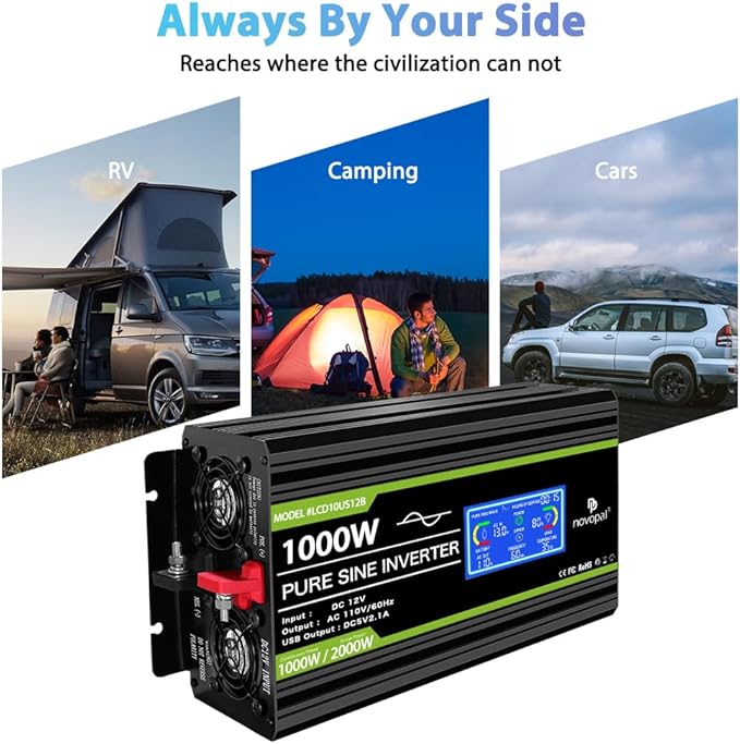 Novopal 1000 Watt Pure Sine Wave Power Inverter 12V DC to 110V/120V AC Converter- 4 AC Outlets Car Inverter with 1 USB Port-16.4 feet Remote Control,Two Cooling Fans and LCD Display Black