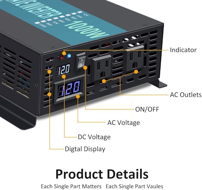 WZRELB 1000W 12V 120V Pure Sine Wave Power Inverter with 2 AC Outlets,Car Inverter