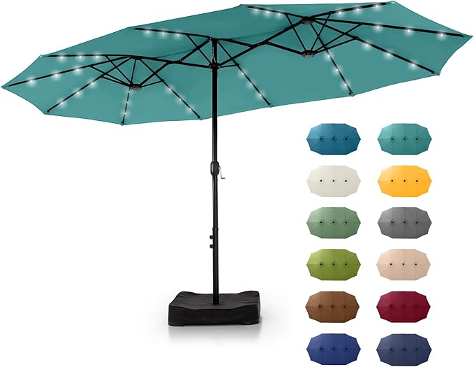 GREEN PARTY 15 ft Rectangle Patio Umbrella with Solar Lights and Base Included, Double-Sided Market Table Umbrella with Crank, Large Outdoor Umbrellas for Patio Poolside Garden Backyard, Turquoise