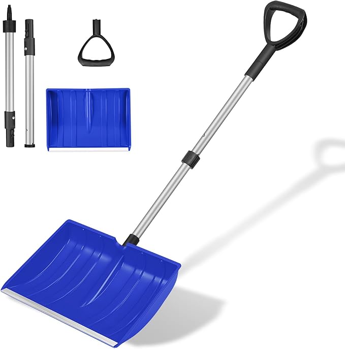 Ergonomic Large Snow Shovel for Driveway: 48-Inch Dual-Lock Knob Anti-Wobble Handle, 16" Plastic Blade w/Metal Edge, Ultra-Light 1.9 lb, Portable Aluminum Shaft, Car, Camping & Emergency, Blue