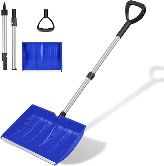 Ergonomic Large Snow Shovel for Driveway: 48-Inch Dual-Lock Knob Anti-Wobble Handle, 16" Plastic Blade w/Metal Edge, Ultra-Light 1.9 lb, Portable Aluminum Shaft, Car, Camping & Emergency, Blue