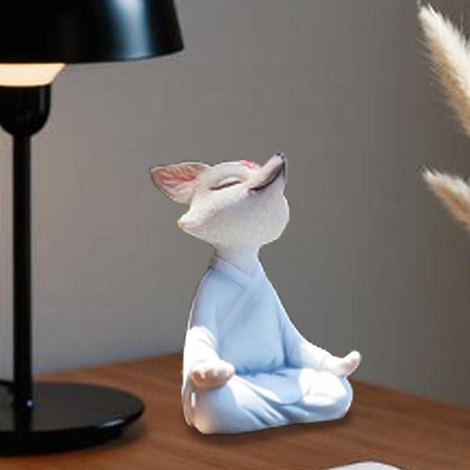 Meditating Buddha Fox Statue Resin Zen Animal Sculpture Yoga Figurine Indoor Outdoor Fengshui Decor for Patio Garden Yard Lawn Tabletop Planter Ponds Pot Bookshelf Ornaments Gifts White