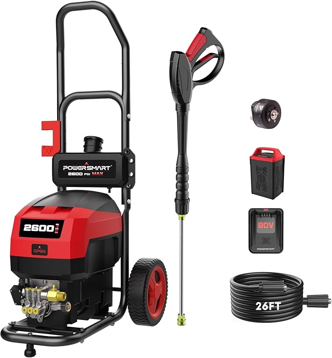 PowerSmart 80V 2600PSI Cordless Electric Pressure Washer, 6.0AH Battery Charger 1.2GPM, Battery Powered Electric Power Washer with 35FT Hose Reel, 27FT Hose, 5in1 Nozzle Set, Onboard Soap Tank