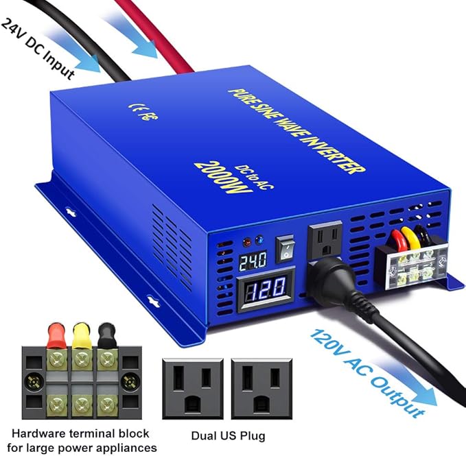 2000 Watt Pure Sine Wave Inverter 24V DC to 110v 120V AC, 2000W Car Power Invert Surge 4000W Power Converter for Solar System. (2000W 24V 120V) Blue