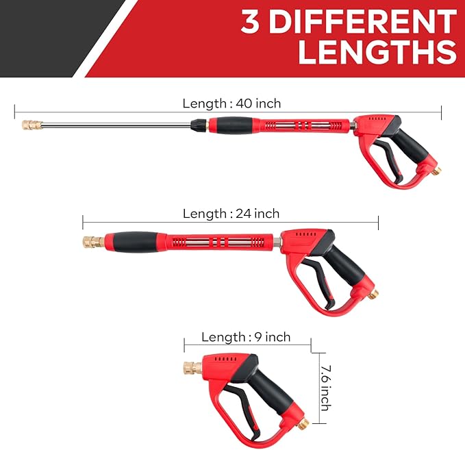 High Pressure Washer Gun 5000 PSI, Power Washer Gun with Replacement Wand Extension, 5 Nozzle Tips, 1/4''Quick Connect Plug and M22-14mm & M22-15mm Fitting, 40 Inch