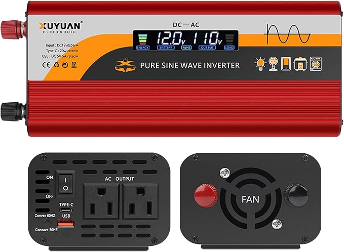 1000W Pure Sine Wave Inverter (2000W Peak), 12V/24V Auto-Detect, 50Hz/60Hz Switchable, LCD Display, Type-C Fast Charging, Silent Design, Overload & Overheat Protection for RV, Home (RED-1000W)