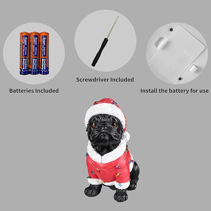 Christmas Outdoor Decoration Dog Statue, LED Light Cute English Bulldog Sculpture with Santa Outfit & Lights for Garden and Yard, Indoor Holiday Décor Gift for mom and dad