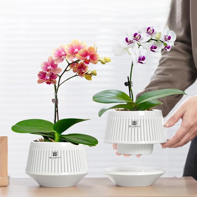 5 inch Orchid Pots with Holes for Repotting,Set of 2,Decorative Orchid Planter with Air-Pruning and Good Air Circulation,Plastic White Orchid Container with Saucers